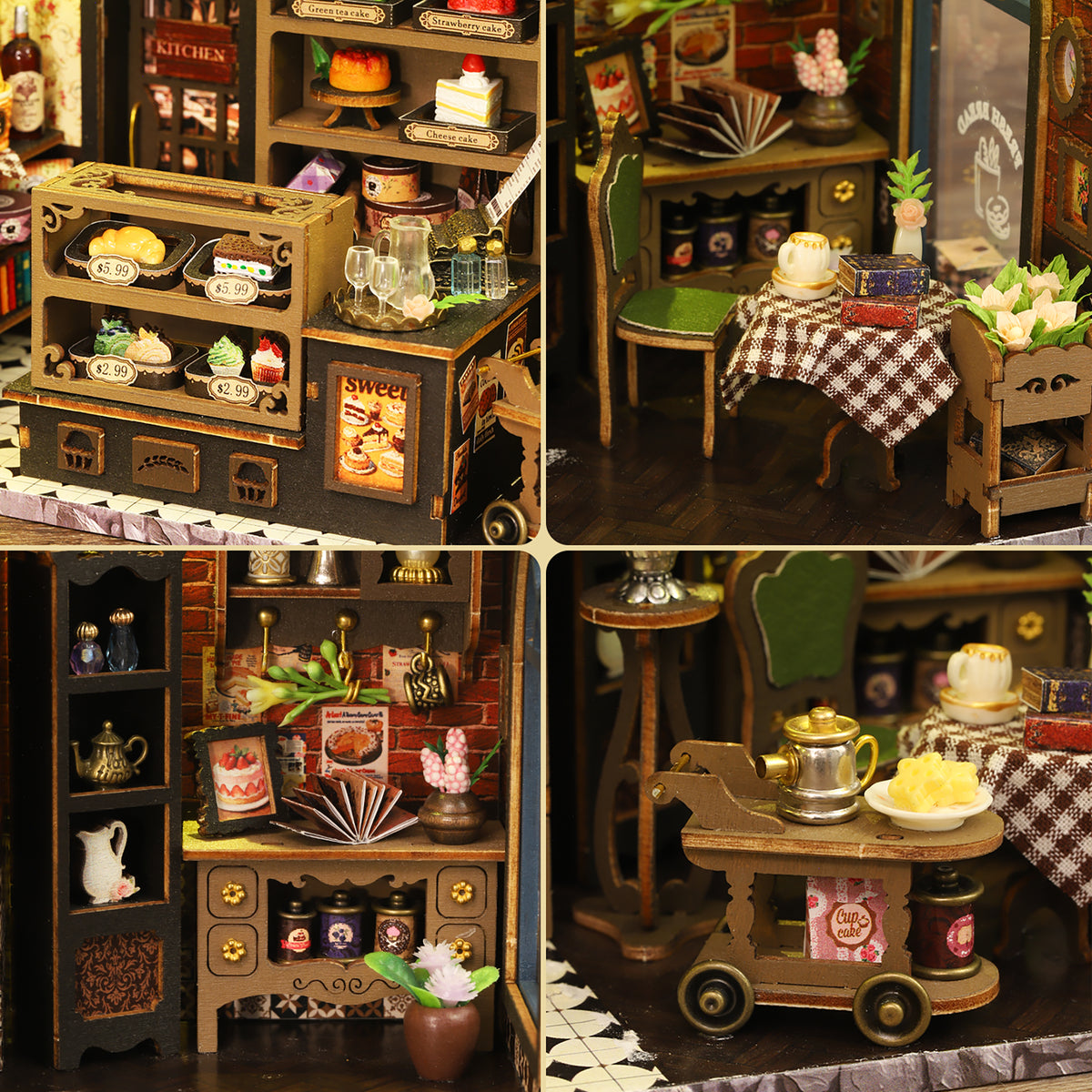 Garden Dessert Shop details showing cakes, a checkered tablecloth, jars and a tea cart.