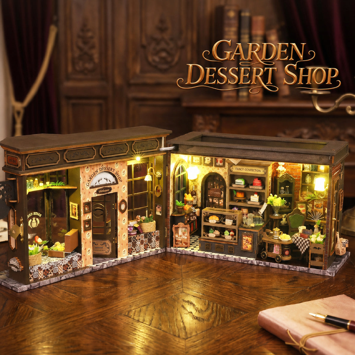 Garden Dessert Shop opened flat to reveal miniature pastry counters and café seating.