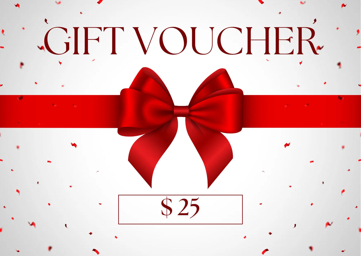 Gift voucher design showing a red ribbon and a $25 value.