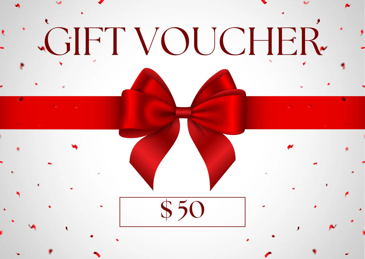 Gift voucher design showing a red ribbon and a $50 value.
