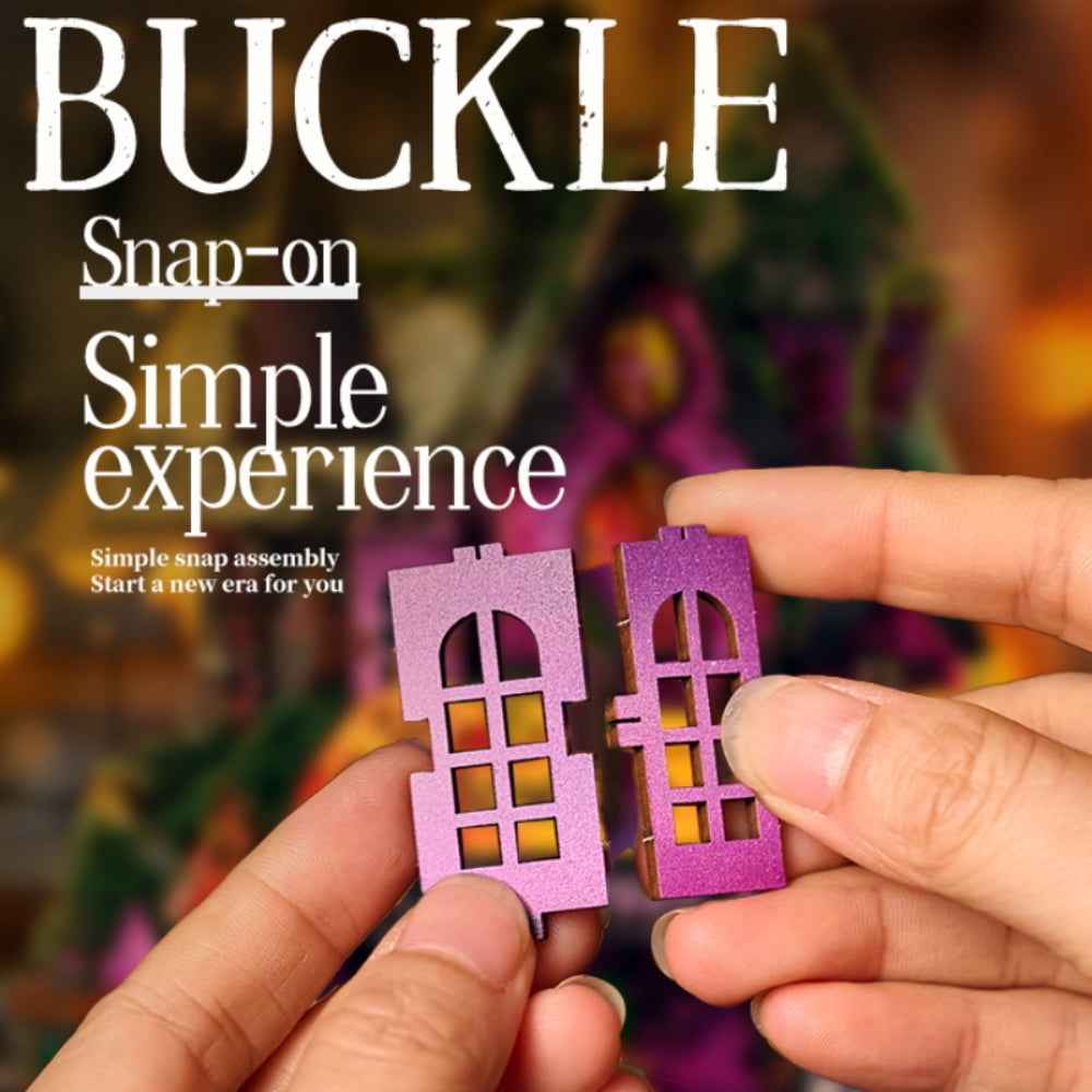 Hands fitting purple window pieces for the Halloween Night miniature house.