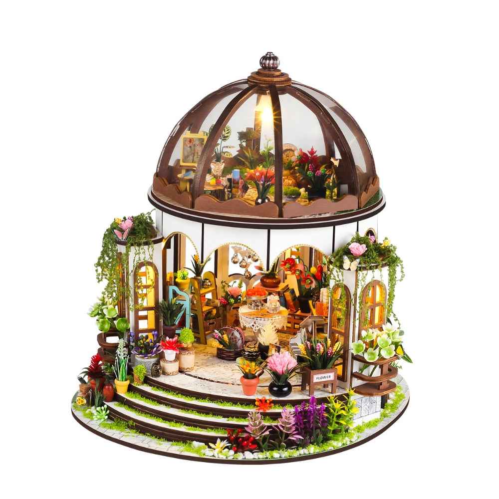 Hanging Garden shown against a white background with its domed roof and dense floral displays.