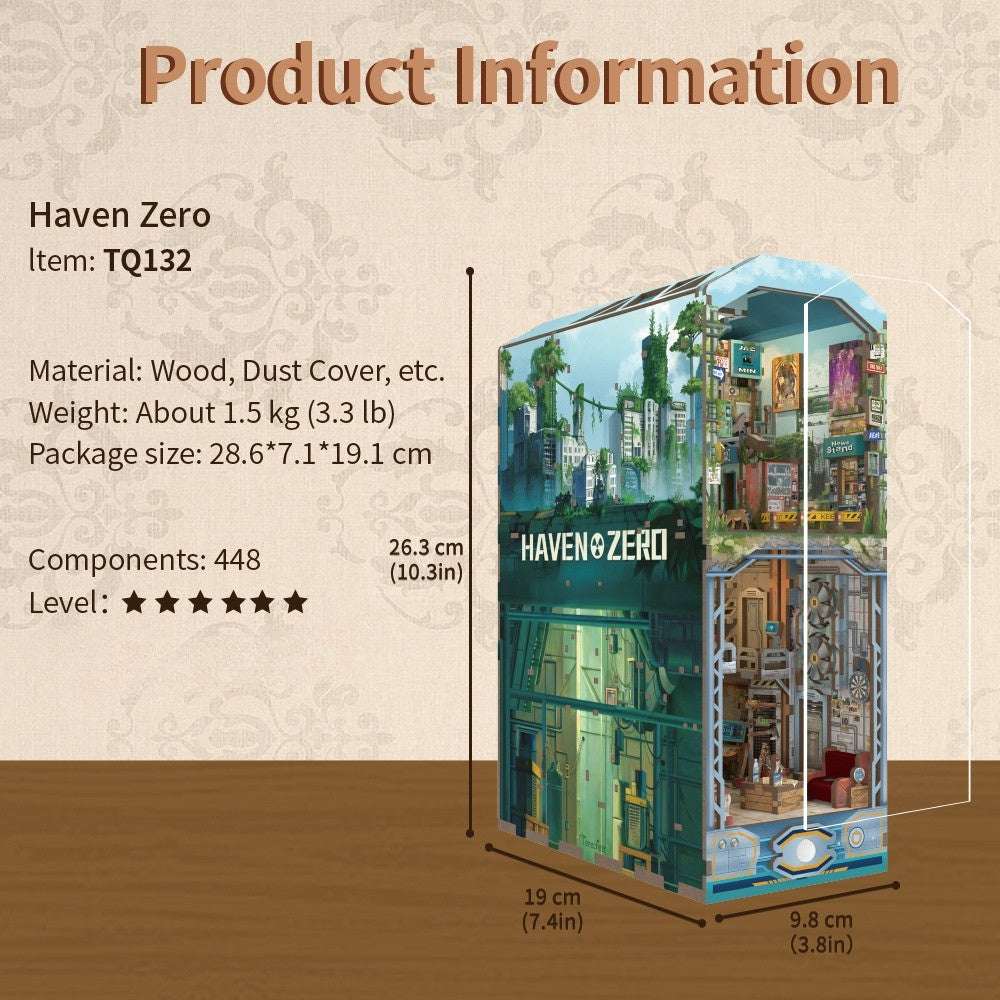 Haven Zero product information card with dimensions and assembly details.