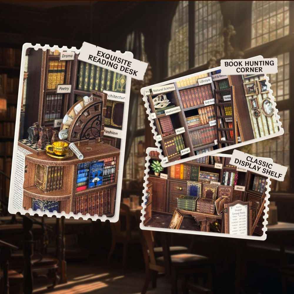 Hoggor Bookstore details showing a reading desk, book corner and curved display shelf.