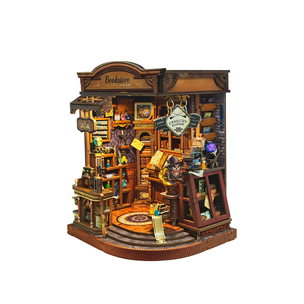 Angled Inchspace Bookstore showing the layered shelves and miniature reading desk.