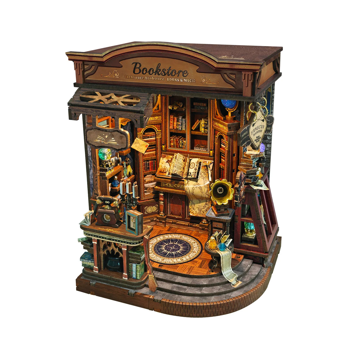 Overhead angle of Inchspace Bookstore showing its curved base and densely furnished interior.