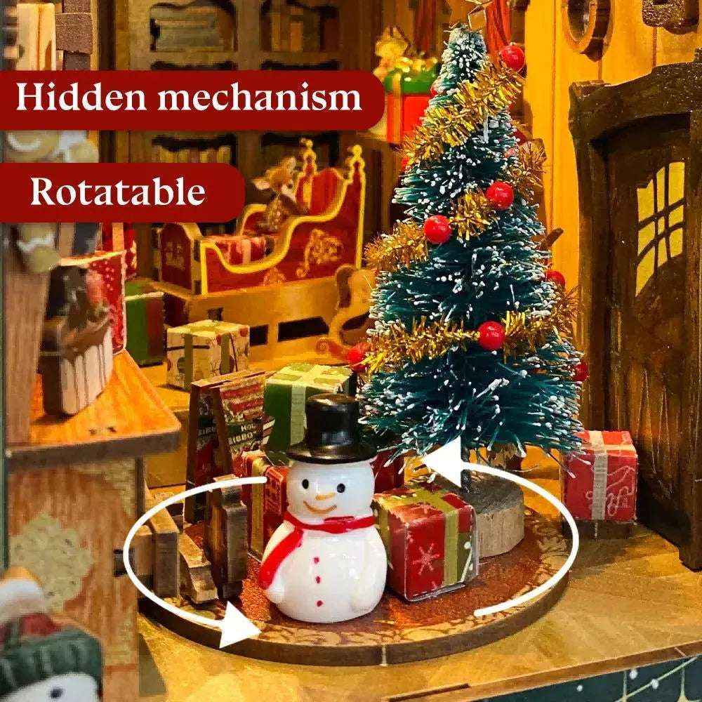 Jingle Cabin front platform with a miniature snowman and gifts, shown with a rotation callout.