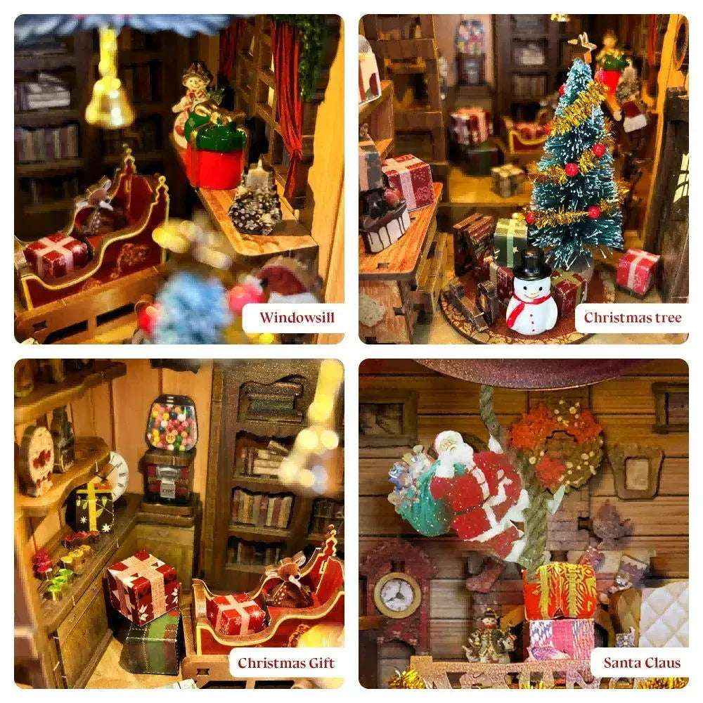 Jingle Cabin detail collage showing a window, Christmas tree, wrapped gifts and Santa.