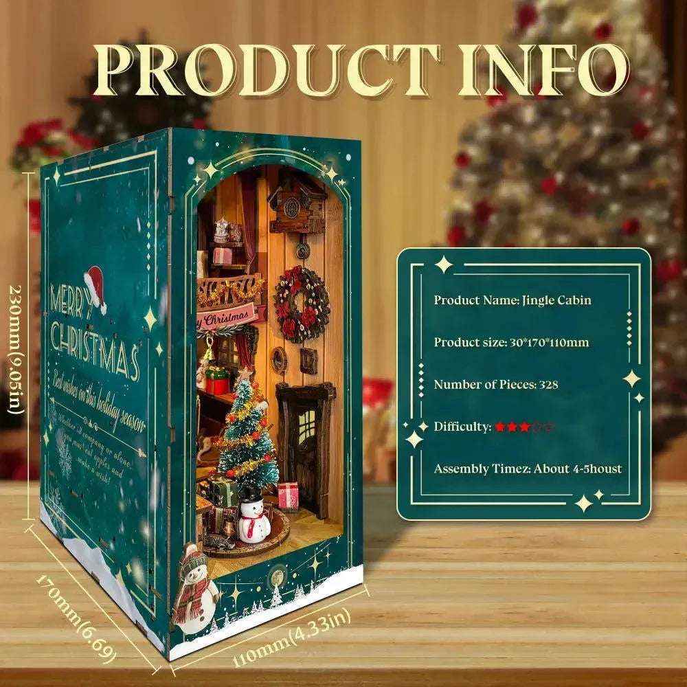 Jingle Cabin book nook dimension diagram with an angled view of the Merry Christmas side panel.
