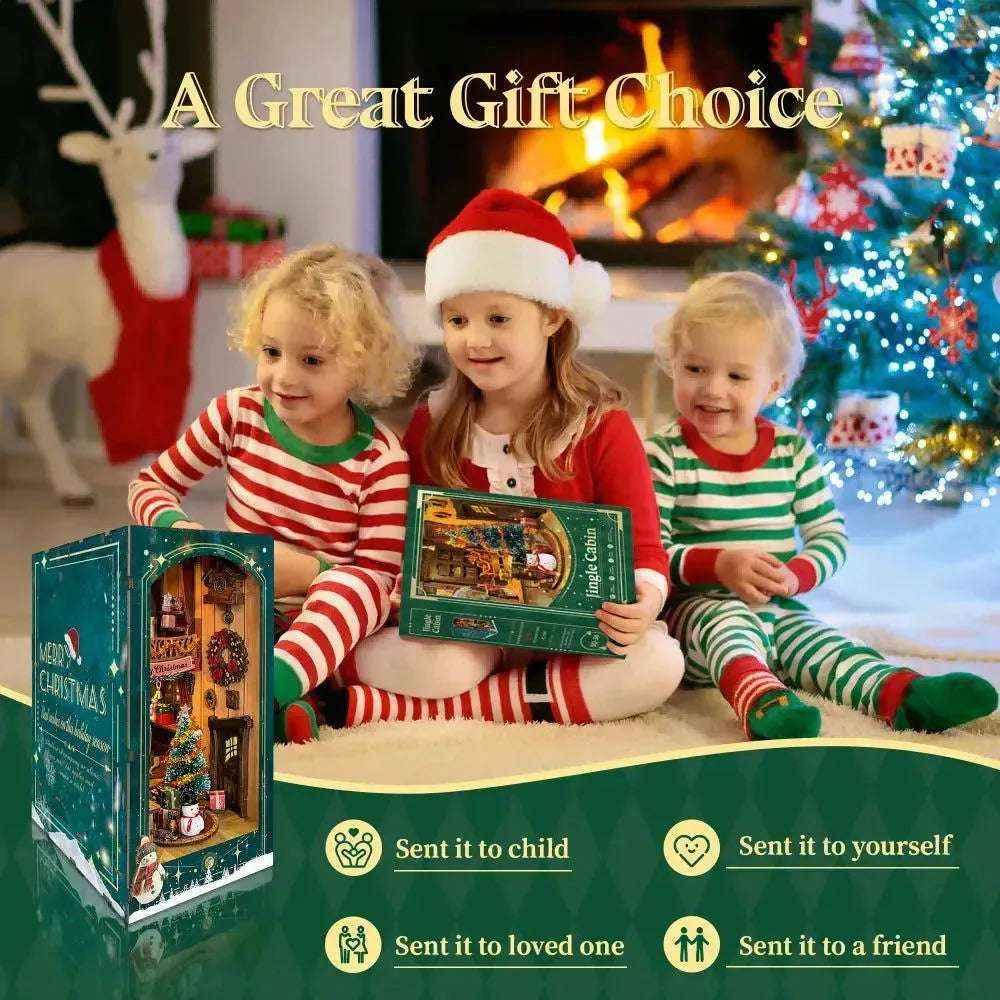 Three children with a Jingle Cabin kit box beside Christmas gifts.