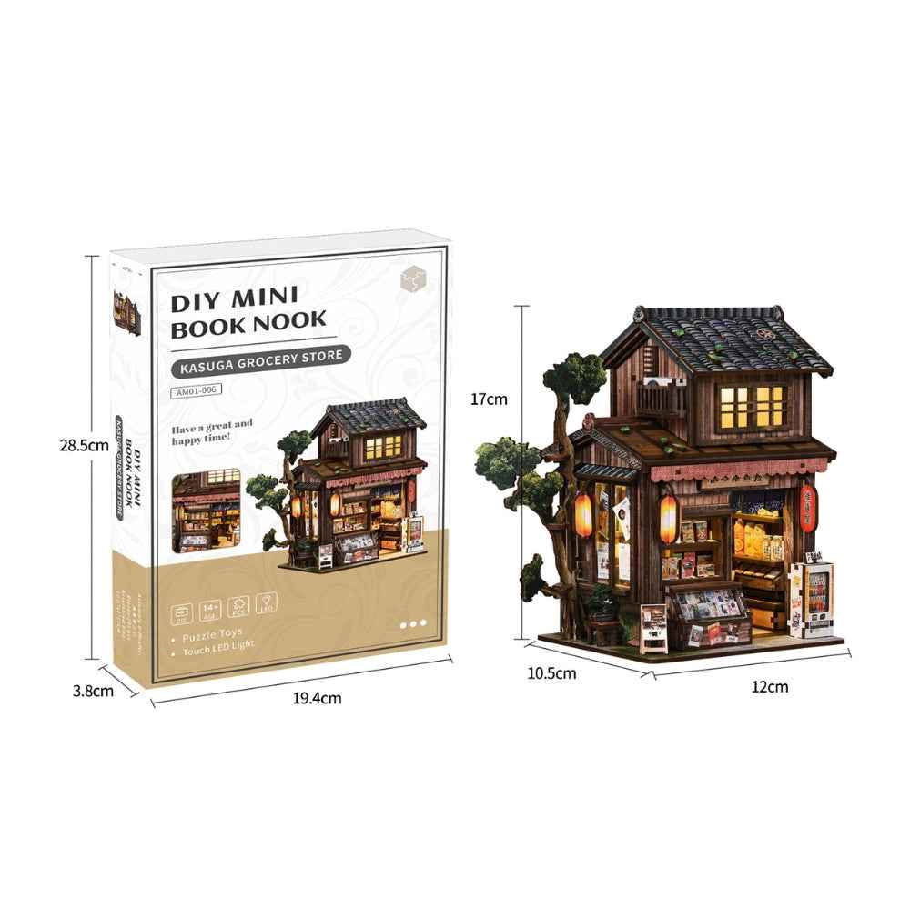 Kasuga Grocery Store model and kit-box dimension diagrams.