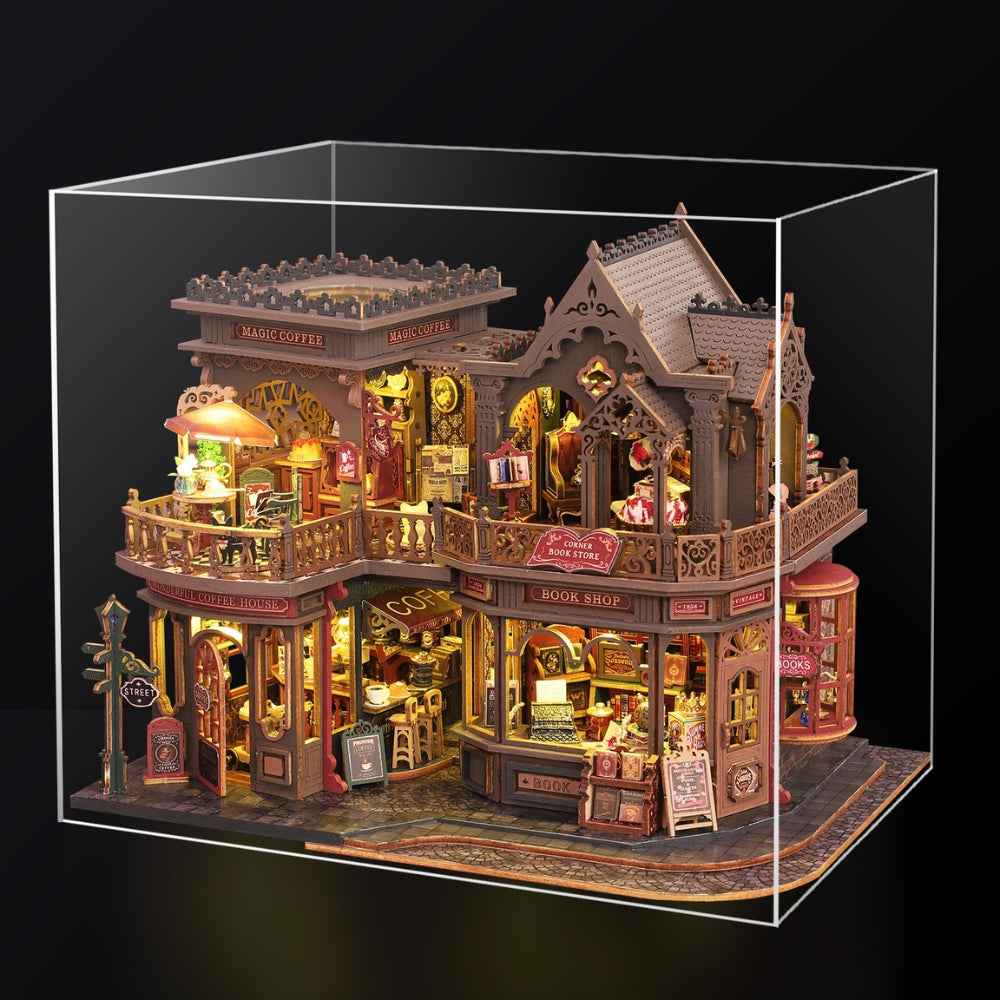 Letter Coffee miniature café inside a clear display case.