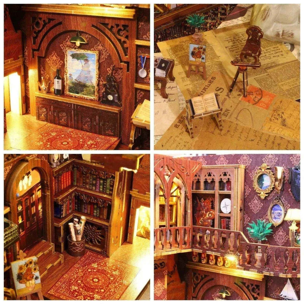Library of Books interior details, including a reading desk, artwork, bookshelves and upper balcony.
