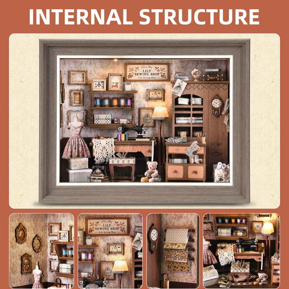 Lily Sewing Shop interior details with a dress form, sewing table, shelves and miniature fabrics.