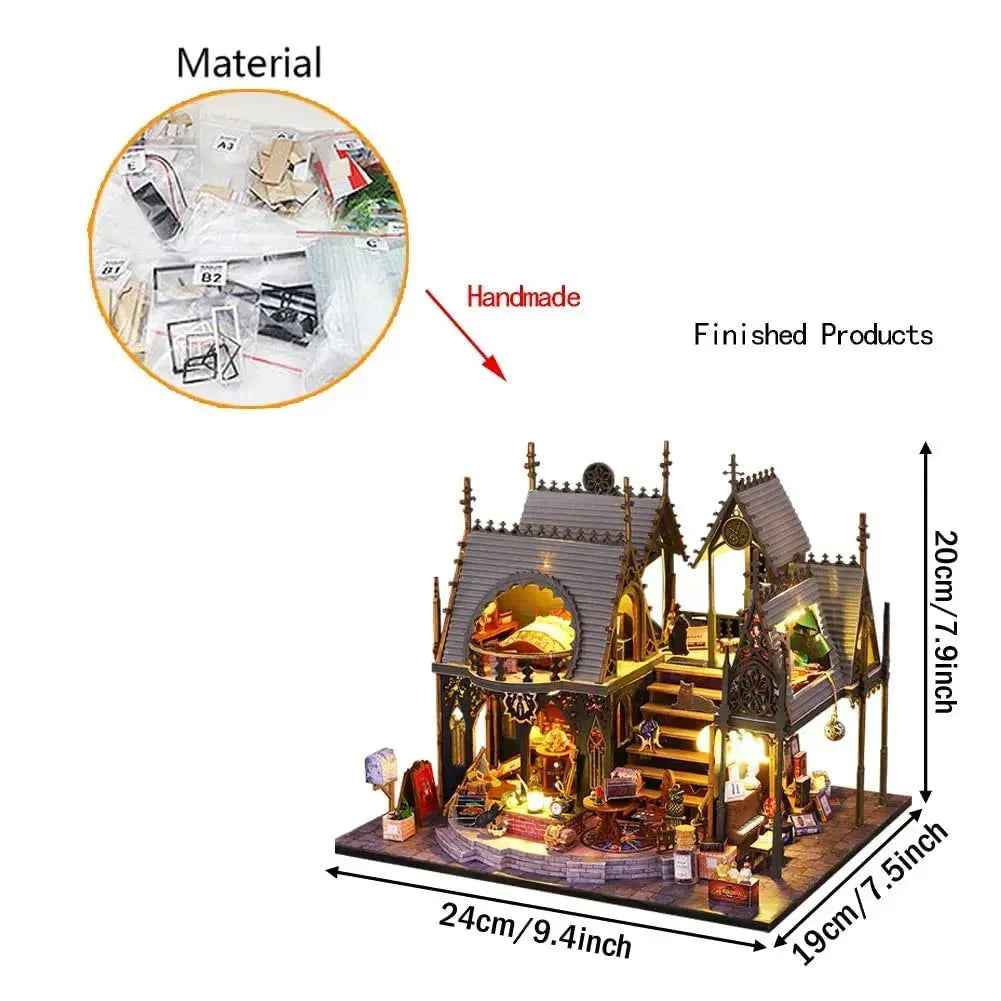 Luna Magic House materials and finished-size diagram beside the assembled miniature house.