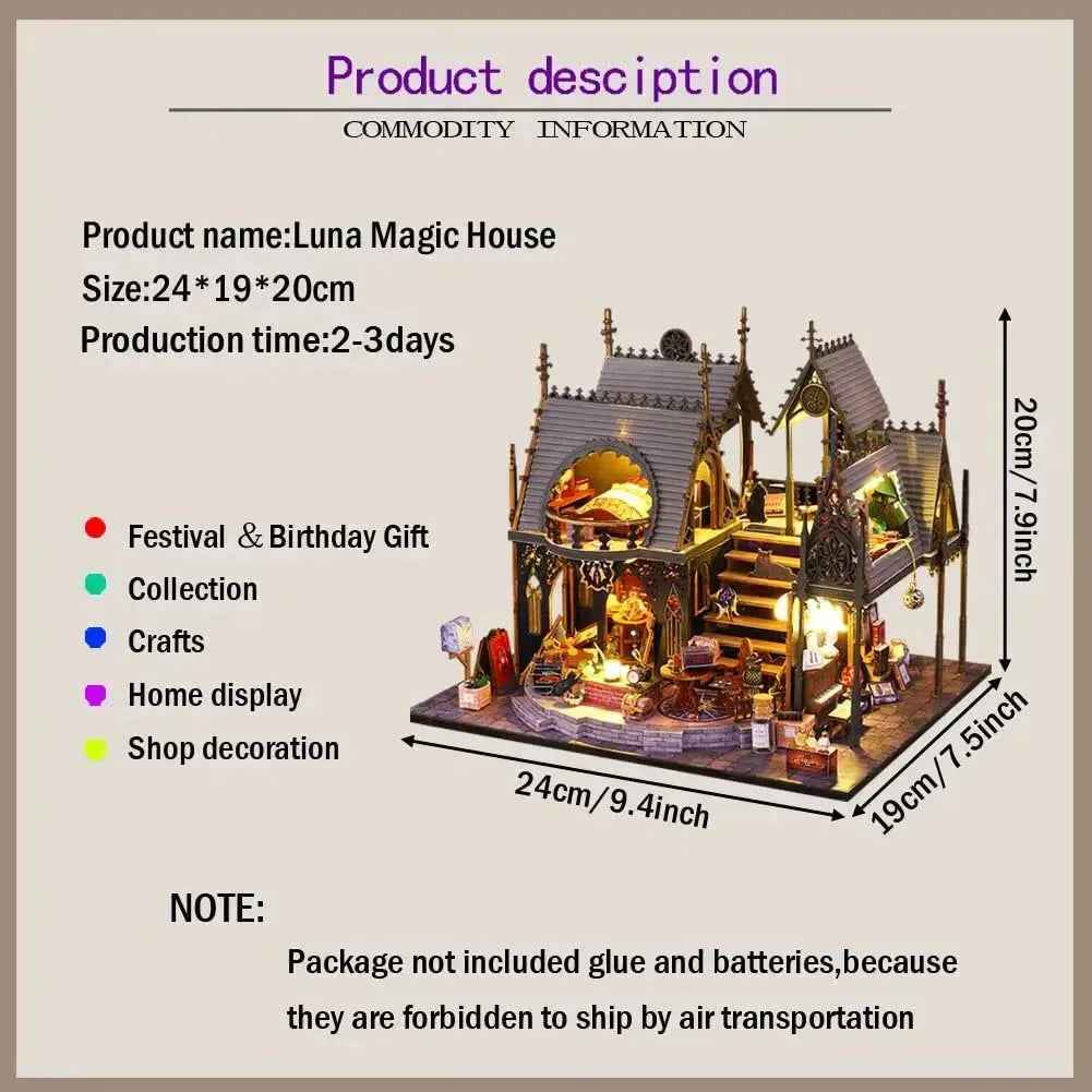 Luna Magic House specification card showing the finished model and its dimensions.
