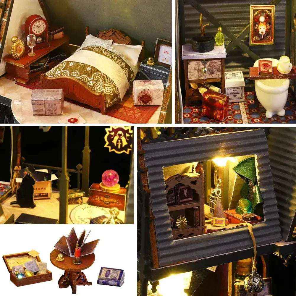 Luna Magic House detail collage showing the bedroom, bathtub, wizard's hat and arched window.