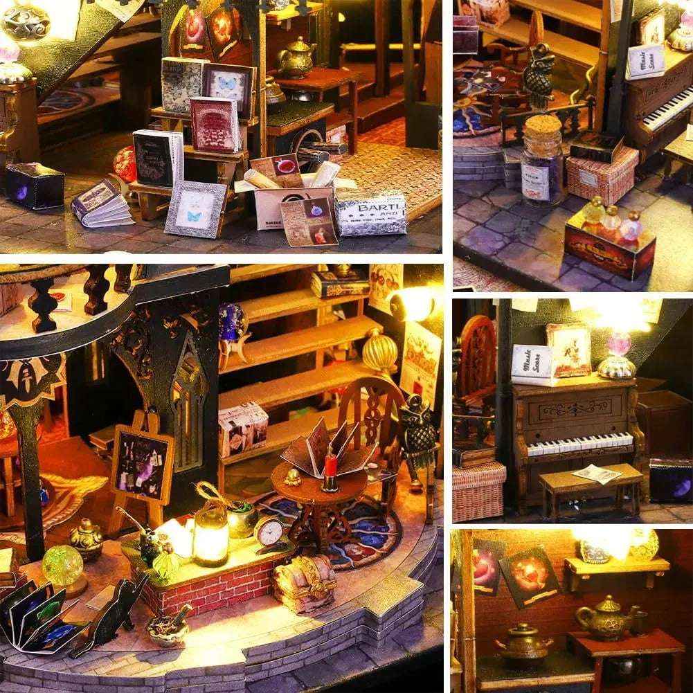 Miniature books, potion bottles, piano and curved staircase inside Luna Magic House.