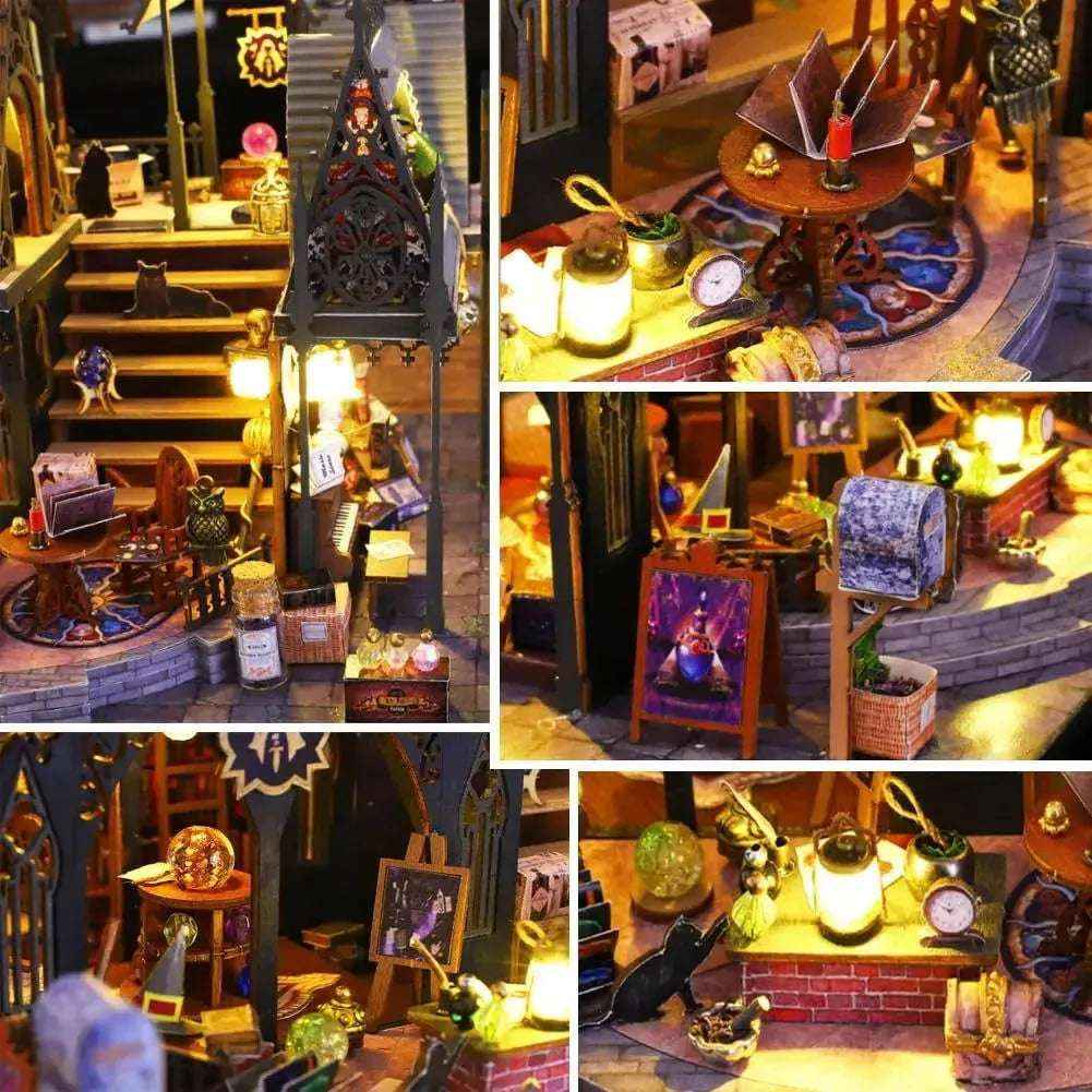 Luna Magic House magical workspace details with books, bottles, a clock and a pointed hat.