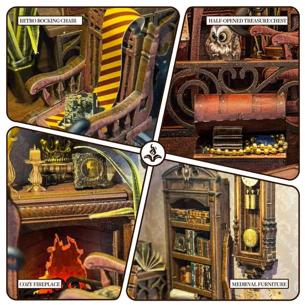 Magic Abode details showing a rocking chair, treasure chest, fireplace and antique-style cabinet.