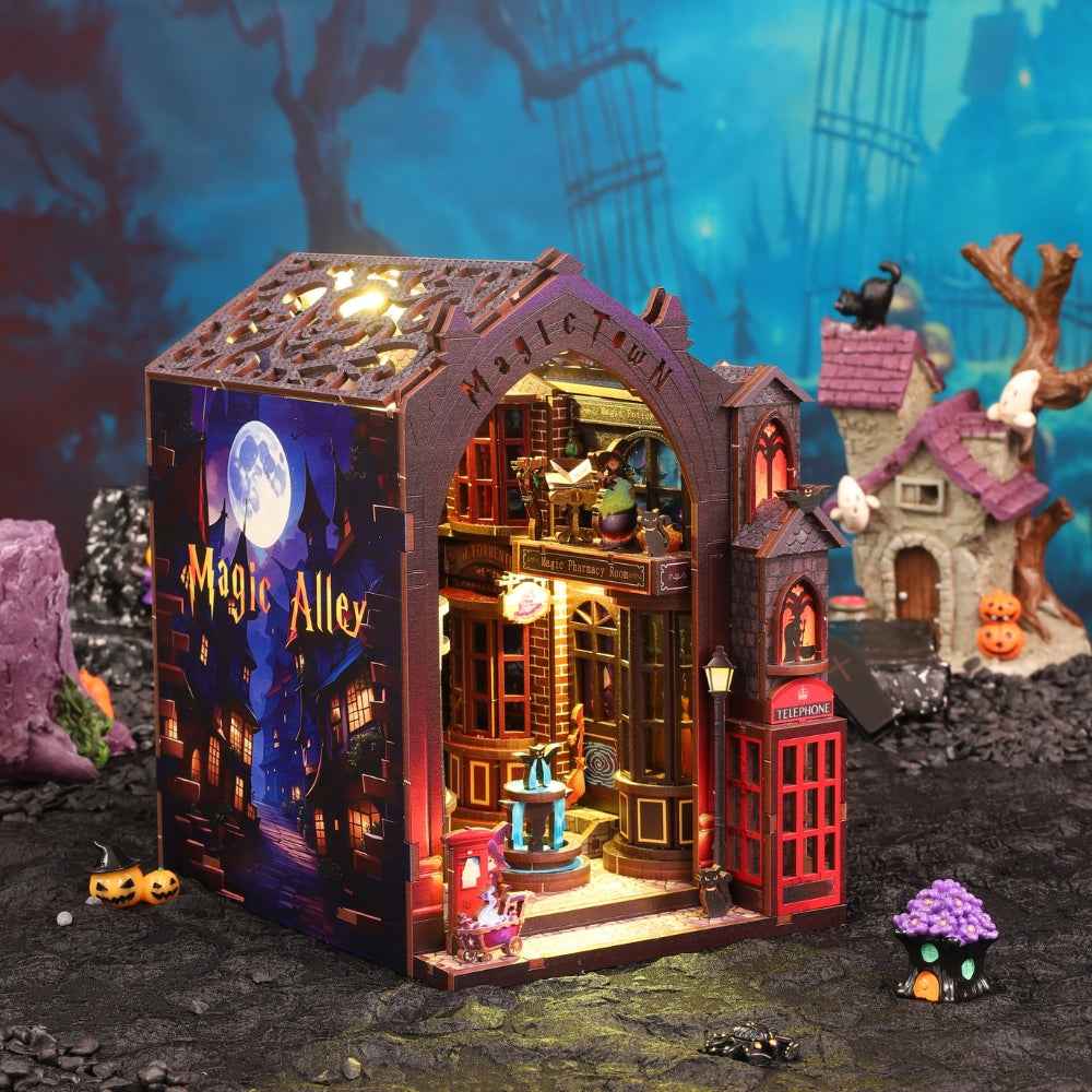 Magic Alley book nook in a fantasy setting with a red telephone box and glowing miniature shops.