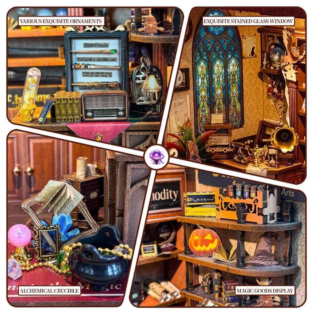 Magic Boutique details showing ornaments, a stained-glass-style window, cauldron and magical merchandise.