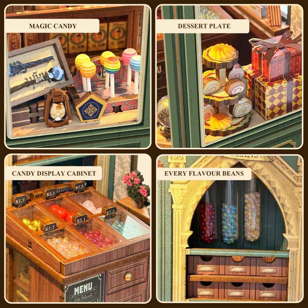 Magic Candy Shop details showing colorful candies, dessert plates and display cabinets.