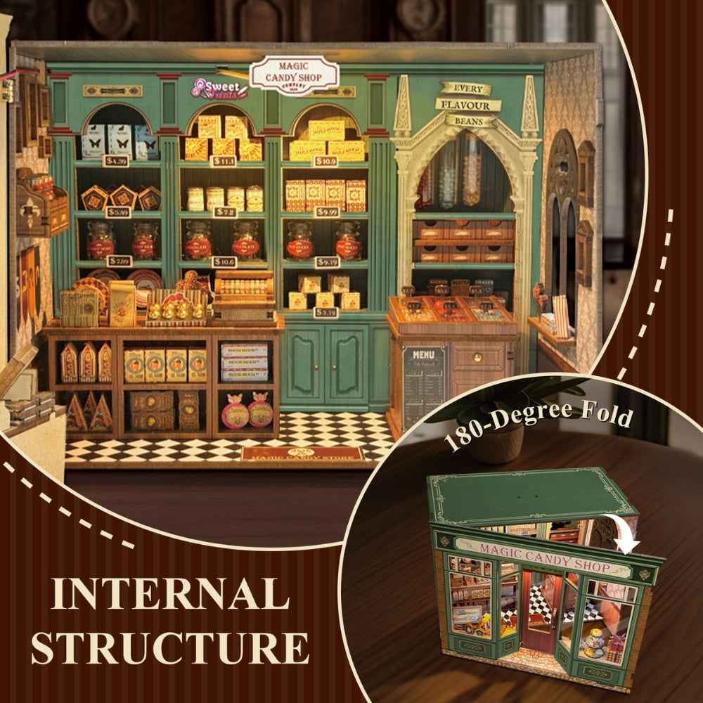 Magic Candy Shop opened flat to reveal miniature counters, shelves and a checkered floor.