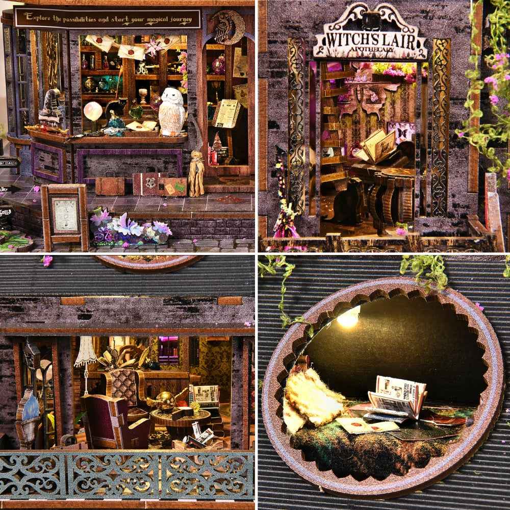 Magic Castle details showing miniature shop rooms, a witch's lair and a round attic opening.