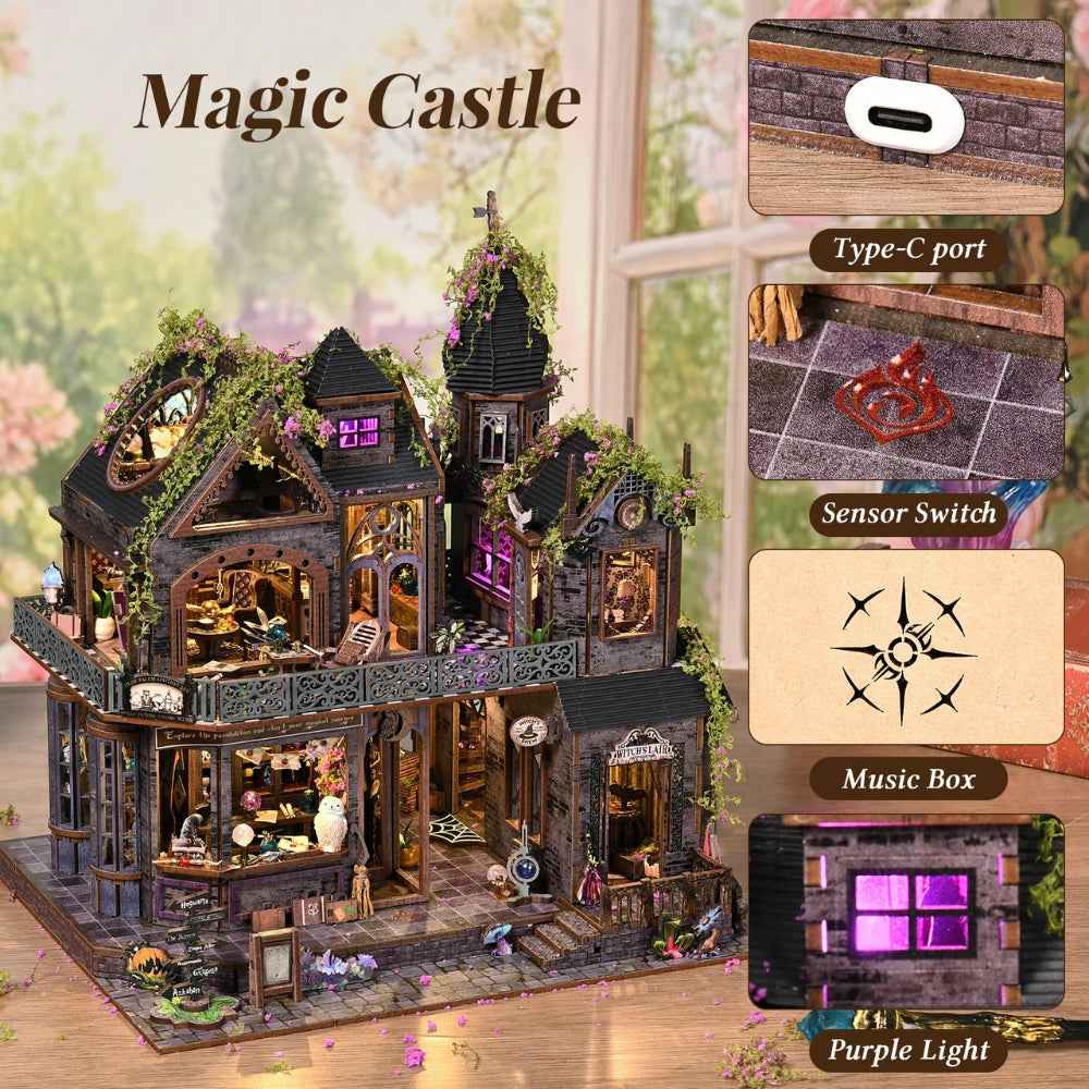 Magic Castle feature collage showing the USB-C port, sensor switch, music feature and purple light.