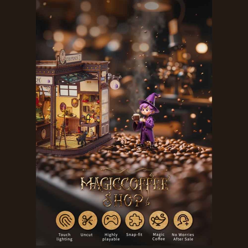 Magic Coffee Shop displayed among coffee beans with a small witch figure nearby.