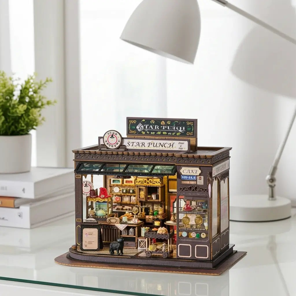 Magic Coffee Shop miniature café displayed on a white desk beside a lamp.