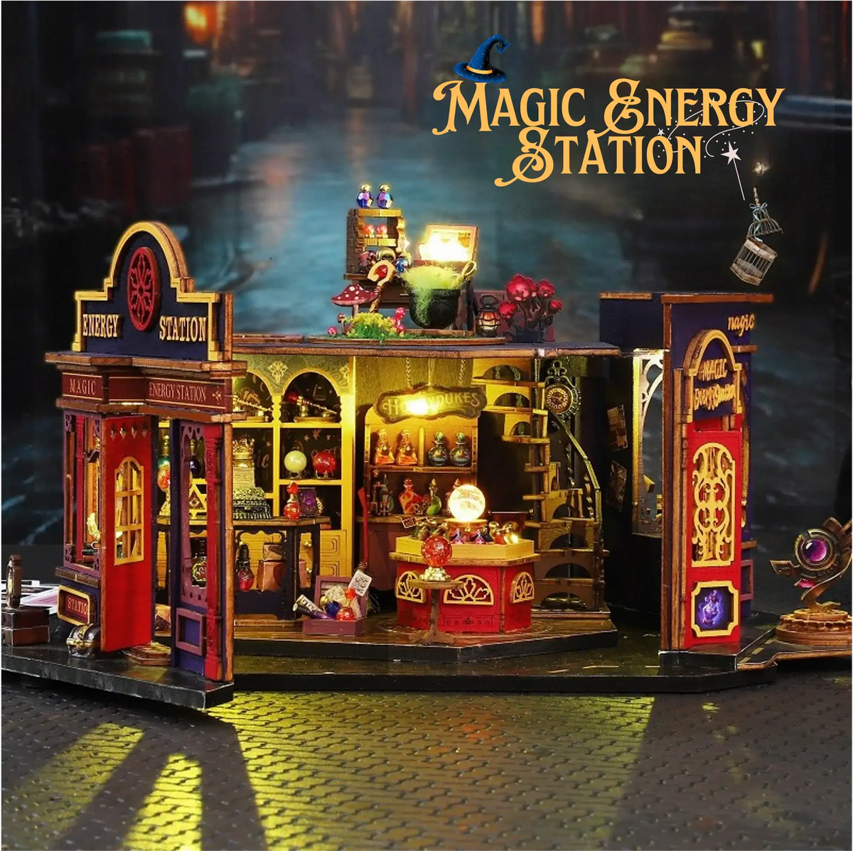Magic Energy Station miniature shop with open red doors and colorful magical equipment.