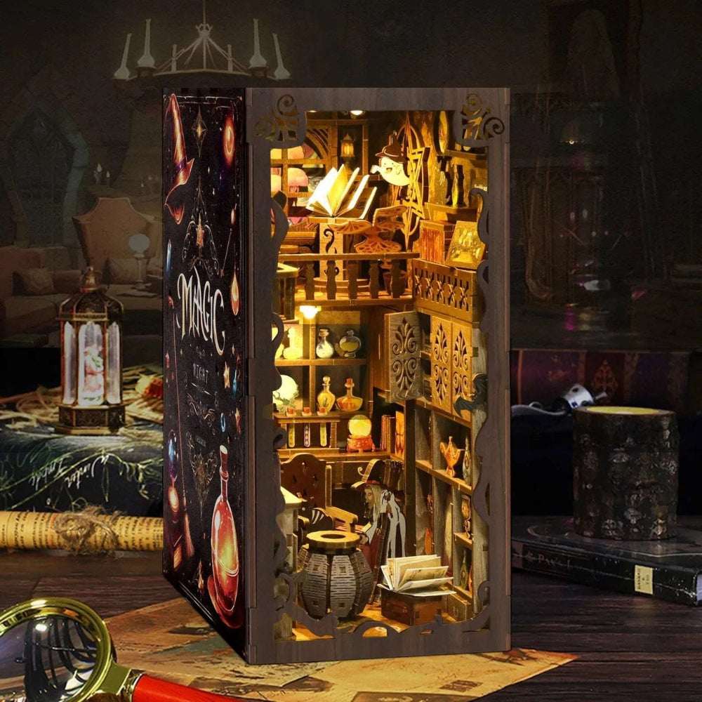 Magic Night book nook with a dark illustrated cover, glowing shelves and magical props.