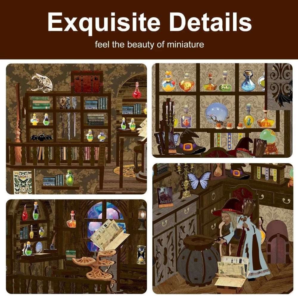 Magic Night detail collage showing potion shelves, a miniature desk and a wizard figure.