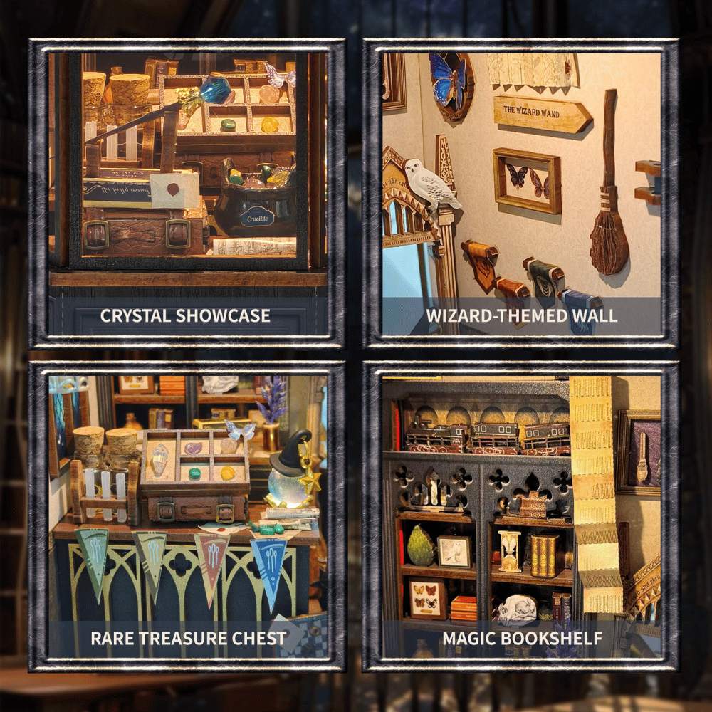 Magic Oddities Store details showing a crystal display, wizard-themed wall, treasure chest and bookshelves.