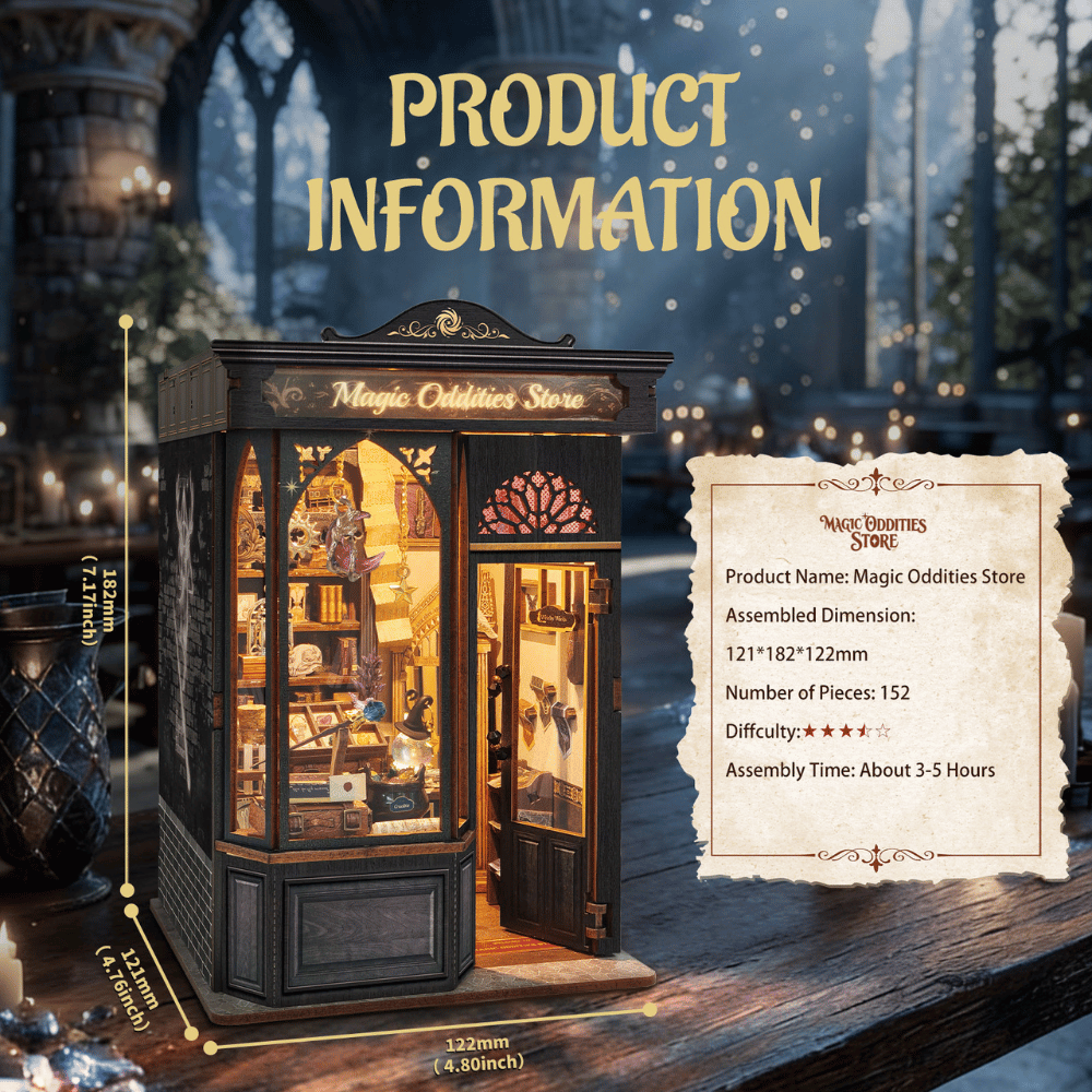 Magic Oddities Store specification card with finished dimensions.