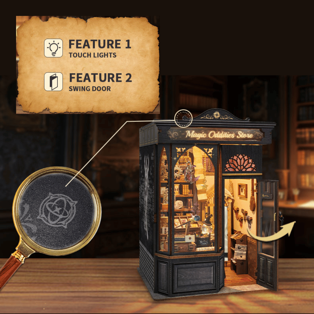 Magic Oddities Store feature illustration showing the touch-lighting control and swinging door.