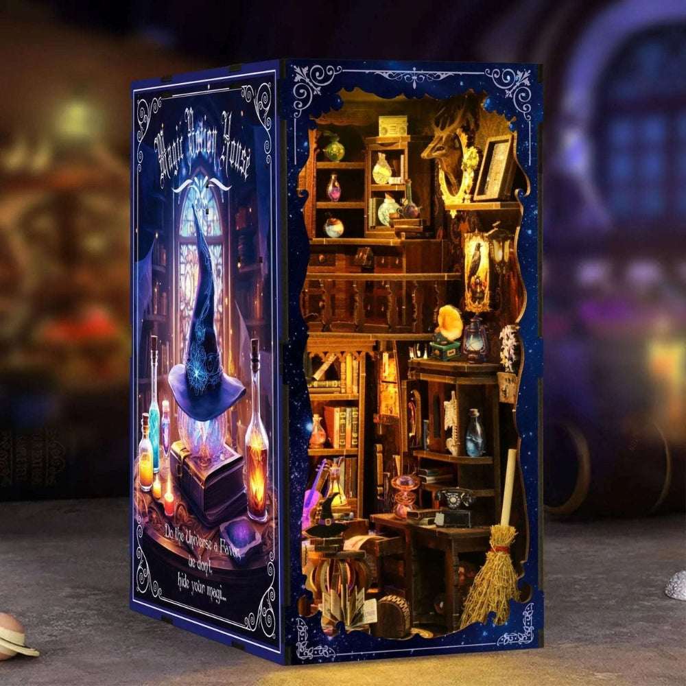 Magic Potion House book nook with a blue illustrated cover and shelves of miniature bottles.