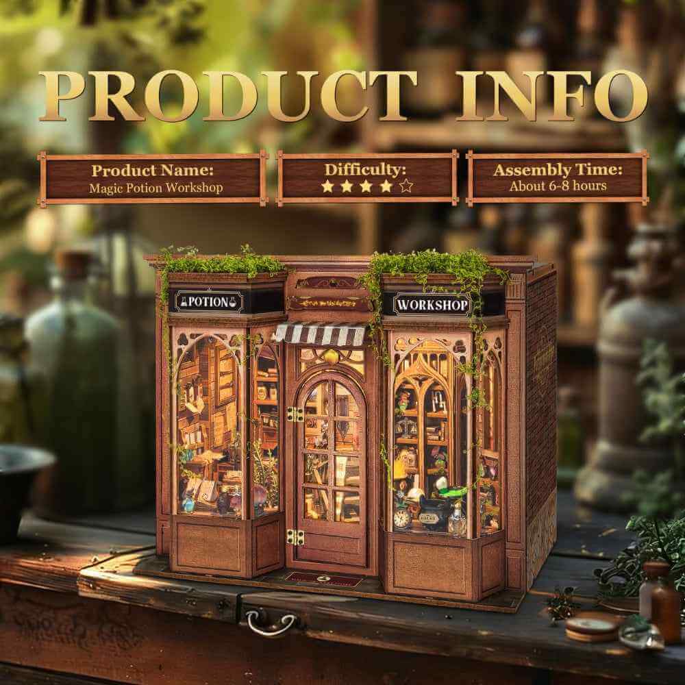 Magic Potion Workshop specification card beside the illuminated storefront.
