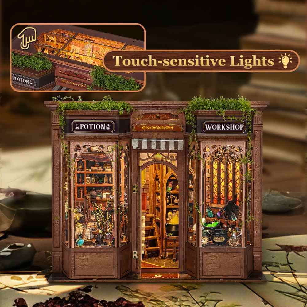 Magic Potion Workshop storefront with a roof touch-lighting callout.
