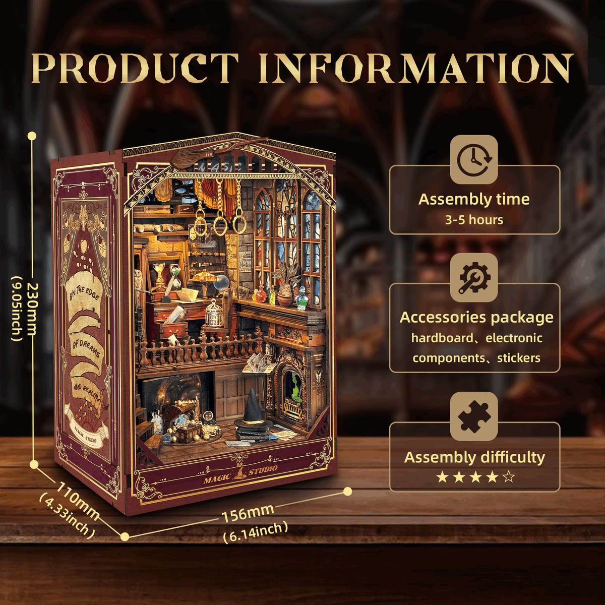 Magic Studio dimension diagram with its ornate burgundy frame and assembly information.