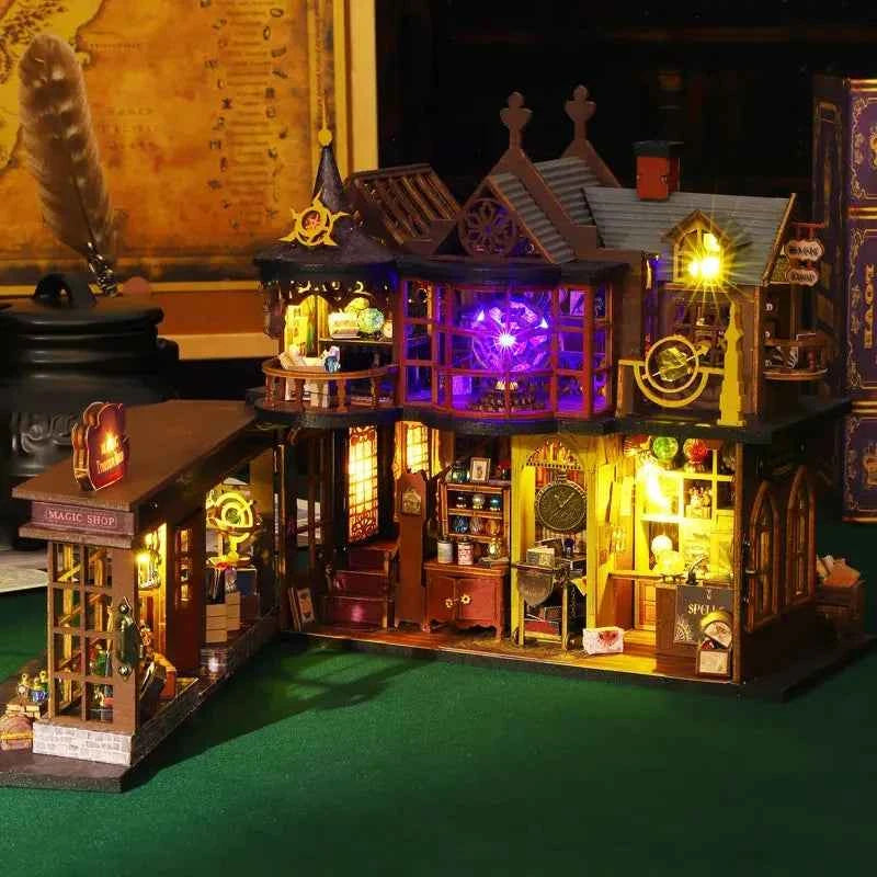 Rear view of Magic Treasure House showing its open rooms, lamps and upper purple window.