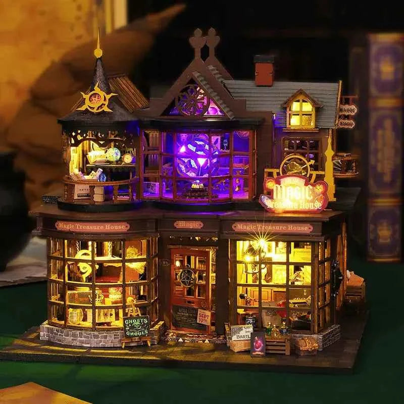 Front view of Magic Treasure House with a glowing purple window above its warm-lit shopfront.