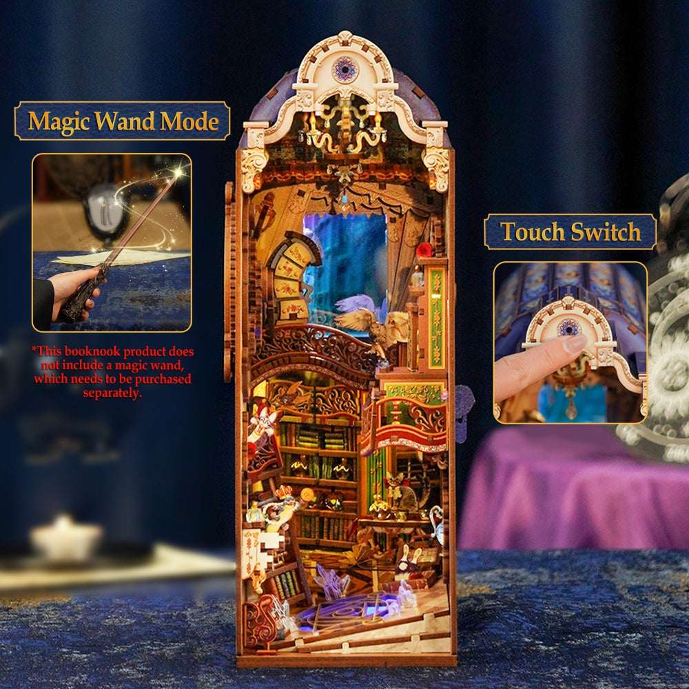 Magical Library lighting demonstration showing a wand and the top touch switch.