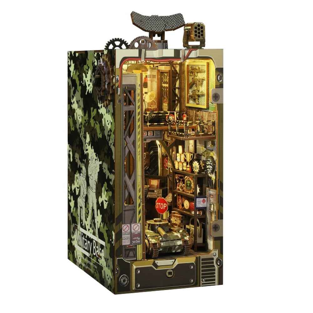 Angled Military Base book nook showing its camouflage cover and military-themed miniature interior.