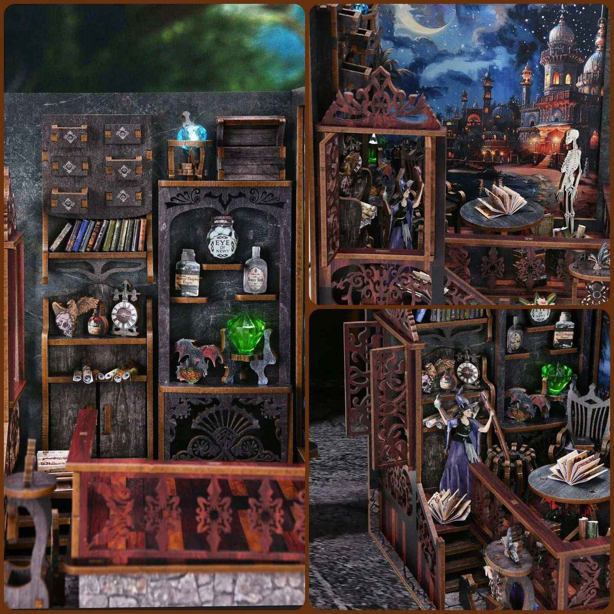 Mystic Chamber miniature shelves, clock, wizard figure and magical objects in an opened interior view.