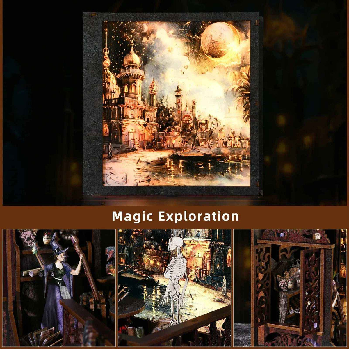 Mystic Chamber illustrated backdrop above close-ups of a wizard figure and miniature magical interior.