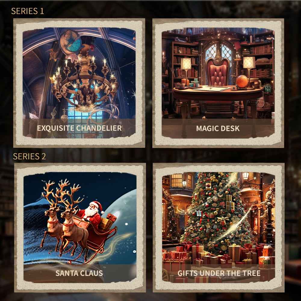 Mystic Realm design comparison showing study furnishings, a chandelier, Santa and Christmas gifts.