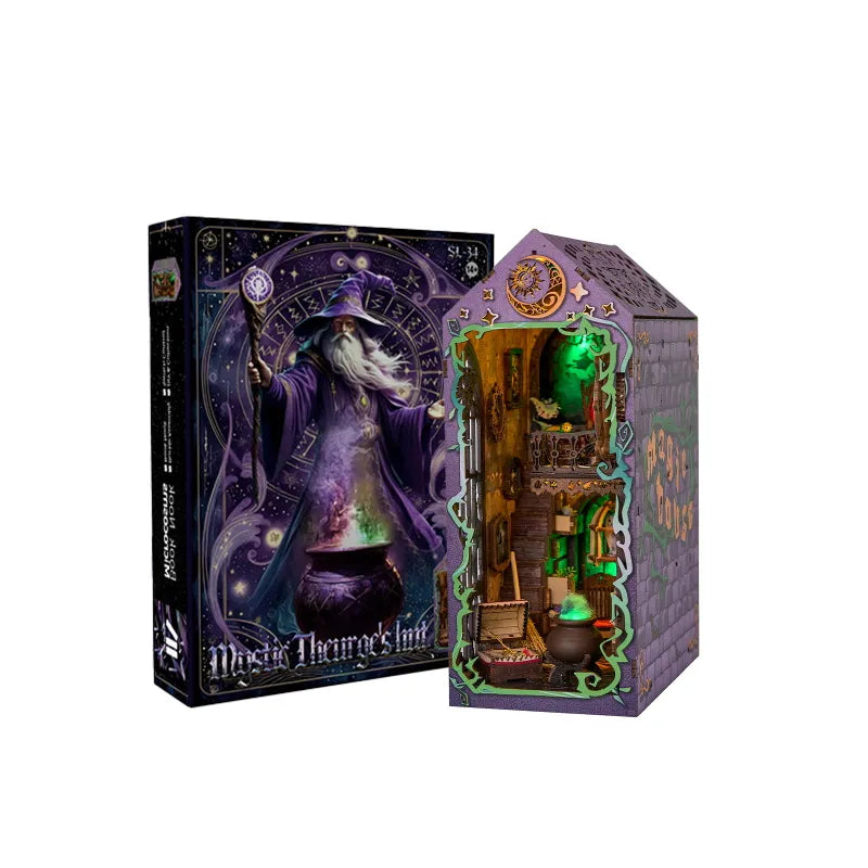 Mystic Theurge's Hut book nook beside its illustrated purple kit box.